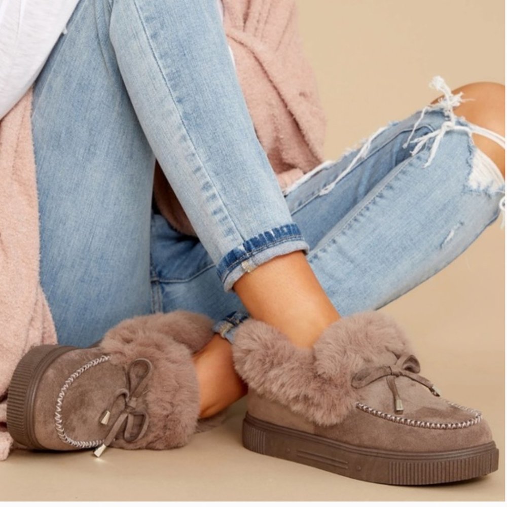 New Taupe Furry Moccasin Slip on Slipper Loafers
